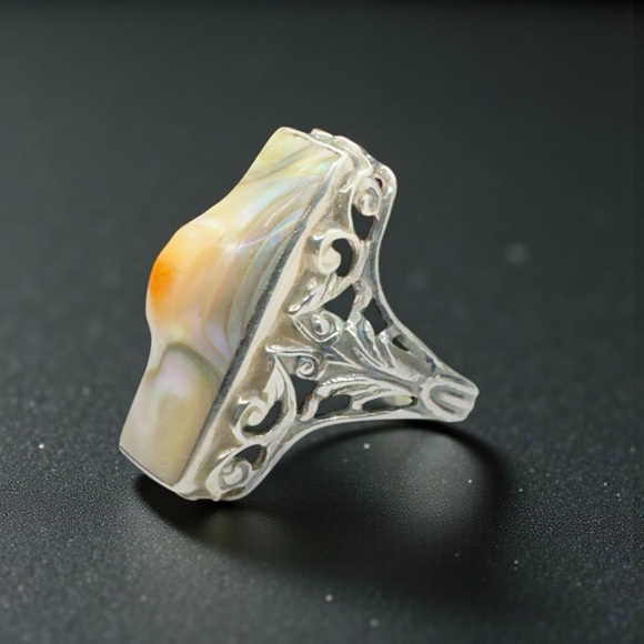 Vintage Art Deco Sterling Rectangular Abalone Blister Pearl Ring - Picture 8 of 14